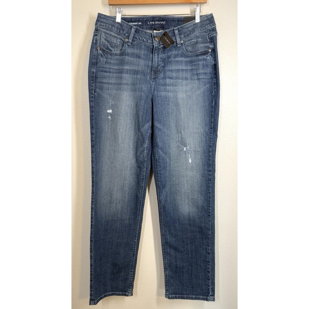 NWT Lane Bryant Womens Jeans Size 14R Straight Leg Medium Wash Distressed Denim